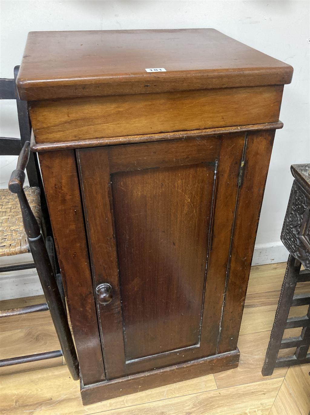 A Victorian mahogany pedestal cupboard, width 46cm depth 40cm height 87cm, together with a childs correction chair
